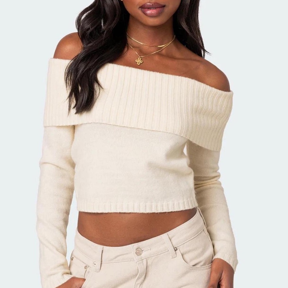 Edikted Off The Shoulder Cream Ribbed Crop Sweater